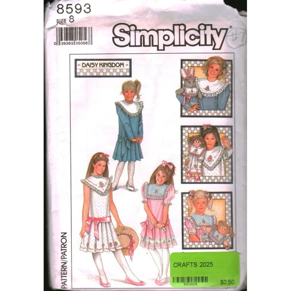 Simplicity‎ 8593 Daisy Kingdom Girls Dress Sewing Pattern Sz 8 Detachable Collar